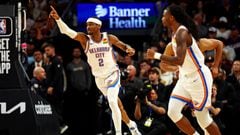 Oklahoma City Thunder guard Shai Gilgeous-Alexander (2) reacts to a play during the fourth quarter of the game against the Phoenix Suns at Footprint Center.
