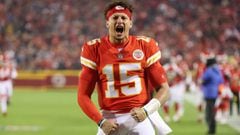 Patrick Mahomes #15 of the Kansas City Chiefs reacts before the start of the first half against the New York Giants at Arrowhead Stadium on November 01, 2021 in Kansas City, Missouri. 