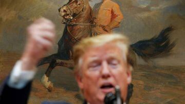 FILE PHOTO: A portrait of former U.S. president Theodore Roosevelt hangs in the background as President Donald Trump delivers remarks in the Roosevelt Room of the White House in Washington, U.S., April 12, 2019. REUTERS/Carlos Barria/File Photo