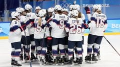 Team United States celebrates their win during the Women&#039;s Ice Hockey Preliminary Round Group A match between Team United States and Team Finland at Wukesong Sports Centre on February 03, 2022 in Beijing, China. 