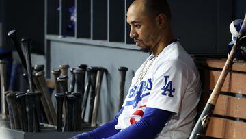 Oct 9, 2023; Los Angeles, California, USA; Los Angeles Dodgers right fielder Mookie Betts (50) sits in the dug out against the Arizona Diamondbacks in the eighth inning for game two of the NLDS for the 2023 MLB playoffs at Dodger Stadium. Mandatory Credit: Kiyoshi Mio-USA TODAY Sports