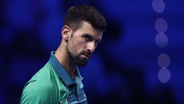 Tennis - ATP Finals - Pala Alpitour, Turin, Italy - November 19, 2023  Serbia's Novak Djokovic reacts during the final against Italy's Jannik Sinner REUTERS/Guglielmo Mangiapane