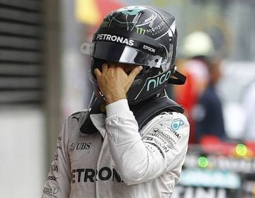 Mercedes Formula One driver Nico Rosberg of Germany reacts after the race.