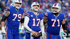 ORCHARD PARK, NEW YORK - JANUARY 15: Spencer Brown #79, Josh Allen #17 and Ryan Bates #71 of the Buffalo Bills look on against the Miami Dolphins during the second half of the game in the AFC Wild Card playoff game at Highmark Stadium on January 15, 2023 in Orchard Park, New York. (Photo by Timothy T Ludwig/Getty Images)