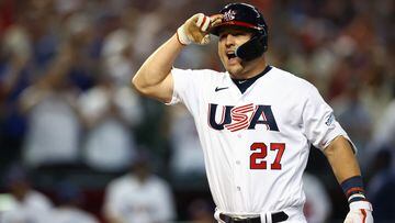 Mar 13, 2023; Phoenix, Arizona, USA; USA outfielder Mike Trout celebrates after hitting a three run home run in the first inning against Canada during the World Baseball Classic at Chase Field. Mandatory Credit: Mark J. Rebilas-USA TODAY Sports