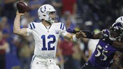 INDIANAPOLIS, IN - AUGUST 20: Andrew Luck #12 of the Indianapolis Colts throws a pass in the first quarter of a preseason game against the Baltimore Ravens at Lucas Oil Stadium on August 20, 2018 in Indianapolis, Indiana.   Joe Robbins/Getty Images/AFP == FOR NEWSPAPERS, INTERNET, TELCOS &amp; TELEVISION USE ONLY ==