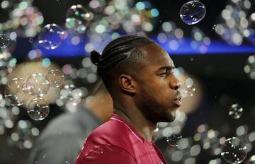Michail Antonio of West Ham United looks on as he walks out to the pitch prior to the Premier League match between West Ham United and Liverpool