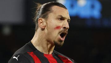 Soccer Football - Serie A - Napoli v AC Milan - Stadio San Paolo, Naples, Italy - November 22, 2020  AC Milan&rsquo;s Zlatan Ibrahimovic celebrates scoring their first goal while wearing red face paint to raise awareness of domestic violence against women