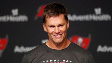 TAMPA, FL - JUN 09: Tampa Bay Buccaneers quarterback Tom Brady (12) speaks to the media after the Tampa Bay Buccaneers Minicamp on June 09, 2022 at the AdventHealth Training Center at One Buccaneer Place in Tampa, Florida. (Photo by Cliff Welch/Icon Sportswire via Getty Images)