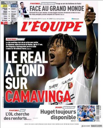 L'Equipe's front cover this Tuesday links Real Madrid with Camavinga
