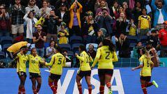 Colombia's forward #18 Linda Caicedo (L) celebrates with her teammates after scoring her team's second goal during the Australia and New Zealand 2023 Women's World Cup Group H football match between Colombia and South Korea at Sydney Football Stadium in Sydney on July 25, 2023. (Photo by DAVID GRAY / AFP)