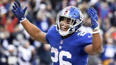 EAST RUTHERFORD, NEW JERSEY - DECEMBER 30: Saquon Barkley #26 of the New York Giants reacts after scoring during the fourth quarter of the game against the Dallas Cowboys at MetLife Stadium on December 30, 2018 in East Rutherford, New Jersey.   Sarah Stier/Getty Images/AFP == FOR NEWSPAPERS, INTERNET, TELCOS &amp; TELEVISION USE ONLY ==