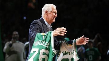 Member of the Boston Celtics 1966 and 1976 Championship teams John Havlicek is honored at halftime of the game between the Boston Celtics and the Miami Heat at TD Garden on April 13, 2016 in Boston, Mass