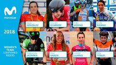 Alicia Gonz&aacute;lez, Lourdes Oyarbide, Eider Merino, Aude Biannic, Malgorzata Jasinska, Mavi Garc&iacute;a, Lorena Llamas y Alba Teruel, primeras corredoras confirmadas en el Movistar Team femenino.