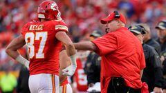 KANSAS CITY, MO - NOVEMBER 6: Tight end Travis Kelce #87 of the Kansas City Chiefs is stopped at the sidelines by head coach Andy Reid after being ejected on a play against the Jacksonville Jaguars at Arrowhead Stadium during the fourth quarter of the game on November 6, 2016 in Kansas City, Missouri.   Jamie Squire/Getty Images/AFP == FOR NEWSPAPERS, INTERNET, TELCOS &amp; TELEVISION USE ONLY ==