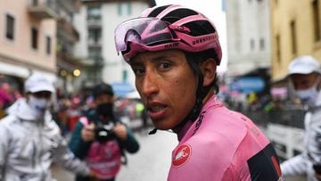 Overall leader Team Ineos rider Colombia's Egan Bernal reacts after winning the 16th stage of the Giro d'Italia 2021 cycling race, 153km between Sacile and Cortina d'Ampezzo on May 24, 2021. (Photo by Marco Alpozzi / POOL / AFP)