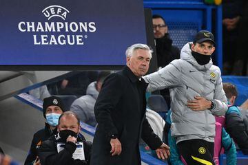 Real Madrid coach Carlo Ancelotti and Chelsea's Thomas Tuchel during the UEFA Champions League quarter-final first leg match between Chelsea and Real Madrid at Stamford Bridge