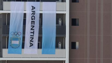Tokyo 2020 Olympics Preview - Tokyo, Japan - July 18, 2021 Signs from the Argentina Olympic team hang on the appartment building hosting Olympics participants at the Athletes Village, where two athletes have tested positive for COVID-19 REUTERS/Kim Kyung-Hoon