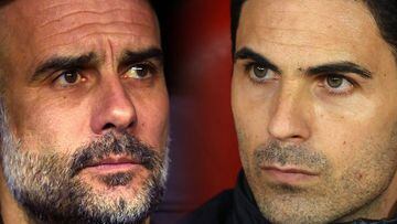 FILE PHOTO (EDITORS NOTE: COMPOSITE OF IMAGES - Image numbers 1208871408, 1207576912 - GRADIENT ADDED) In this composite image a comparison has been made between Pep Guardiola, Manager of Manchester City (L) and Mikel Arteta, Manager of Arsenal. Mancheste