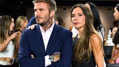 Inter Miami's co-owner David Beckham and his wife, English fashion designer Victoria Beckham look on ahead of the round of 32 Leagues Cup football match between Inter Miami CF and Orlando City SC at DRV PNK Stadium in Fort Lauderdale, Florida, on August 2, 2023. (Photo by CHANDAN KHANNA / AFP)