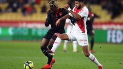 Nice&#039;s French midfielder Allan Saint-Maximin (L) vies with Monaco&#039;s French midfielder Youssef Ait-Bennasser (R) during the French L1 football match between Monaco (ASM) and Nice (OGCN) on January 16, 2019 at the Louis II Stadium in Monaco. (Phot