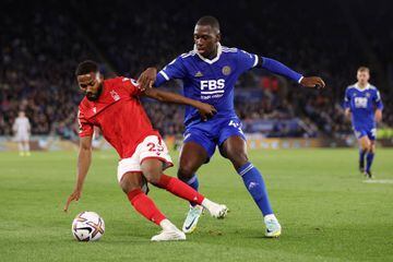 Emmanuel Dennis of Nottingham Forest battles for possession with Boubakary Soumare of Leicester City 