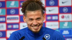 England&#039;s midfielder Kalvin Phillips smiles during a press conference at St George&#039;s Park in Burton-on-Trent on June 27, 2021 during the UEFA EURO 2020 football competition. (Photo by JUSTIN TALLIS / AFP)