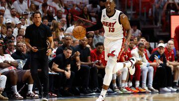 MIAMI, FLORIDA - JUNE 09: Bam Adebayo #13 of the Miami Heat brings the ball up the court during the third quarter against the Denver Nuggets in Game Four of the 2023 NBA Finals at Kaseya Center on June 09, 2023 in Miami, Florida. NOTE TO USER: User expressly acknowledges and agrees that, by downloading and or using this photograph, User is consenting to the terms and conditions of the Getty Images License Agreement.   Mike Ehrmann/Getty Images/AFP (Photo by Mike Ehrmann / GETTY IMAGES NORTH AMERICA / Getty Images via AFP)