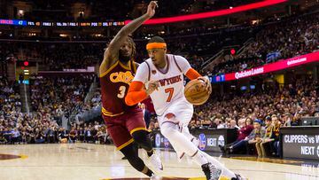 CLEVELAND, OH - FEBRUARY 23: Derrick Williams #3 of the Cleveland Cavaliers puts pressure on Carmelo Anthony #7 of the New York Knicks during the first half at Quicken Loans Arena on February 23, 2017 in Cleveland, Ohio. The Cavaliers defeated the Knicks 119-104. NOTE TO USER: User expressly acknowledges and agrees that, by downloading and/or using this photograph, user is consenting to the terms and conditions of the Getty Images License Agreement. (Photo by Jason Miller/Getty Images)