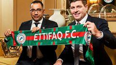 Soccer Football - Steven Gerrard unveiled as the new coach of Al Ettifaq - London, Britain - July 3, 2023 New Al Ettifaq coach Steven Gerrard poses for a photograph with club president Khaled Al Dabal Ettifaq Media Office/Handout via REUTERS  ATTENTION EDITORS - THIS IMAGE HAS BEEN SUPPLIED BY A THIRD PARTY. NO ARCHIVES. NO RESALES.
