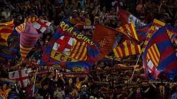 Soccer Football - Champions League - Group C - FC Barcelona v Inter Milan - Camp Nou, Barcelona, Spain - October 12, 2022  FC Barcelona fans display flags in the stands before the match REUTERS/Albert Gea