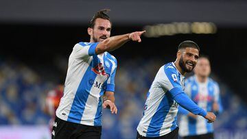 NAPLES, ITALY - NOVEMBER 29: Fabian of SSC Napoli celebrates with teammate Lorenzo Insigne after scoring their sides second goal during the Serie A match between SSC Napoli and AS Roma at Stadio San Paolo on November 29, 2020 in Naples, Italy. Sporting st