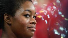 Gabby Douglas of the United States looks on during an artistic gymnastics training session on August 4, 2016 at the Arena Olimpica do Rio 