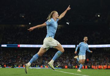 Manchester City's Erling Haaland celebrates scoring their fourth goal against Arsenal. 