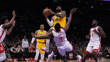 Jan 16, 2023; Los Angeles, California, USA; Los Angeles Lakers forward LeBron James (6) shoots the ball against the Houston Rockets in the second half at Crypto.com Arena. Mandatory Credit: Kirby Lee-USA TODAY Sports