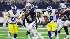 ARLINGTON, TEXAS - OCTOBER 29: Dak Prescott #4 of the Dallas Cowboys scrambles with the ball in the second quarter of a game against the Los Angeles Rams at AT&T Stadium on October 29, 2023 in Arlington, Texas.   Richard Rodriguez/Getty Images/AFP (Photo by Richard Rodriguez / GETTY IMAGES NORTH AMERICA / Getty Images via AFP)