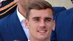 Antoine Griezmann poses for the group photo as he arrives at Elysee Palace as French President Francois Hollande receives the France Soccer team for a lunch on July 11, 2016 in Paris, France. France soccer national team lost the EURO 2016 final against Po