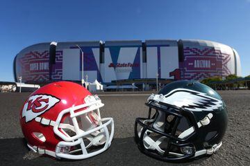Feb 7, 2023; Phoenix, AZ, USA; The helmets of the Kansas City Chiefs and the Philadelphia Eagles prior to Super Bowl 57 at State Farm Stadium. Mandatory Credit: Kirby Lee-USA TODAY Sports