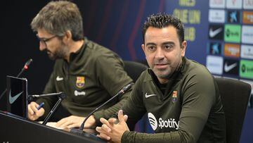 Barcelona's Spanish coach Xavi addresses a press conference in Barcelona on October 27, 2023, on the eve of the Spanish league football match against Real Madrid. (Photo by Josep LAGO / AFP)
