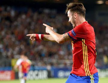 Spain's Saul Niguez reacts after scoring a goal during the UEFA U-21 European Championship football semi final match Spain v Italy in Krakow, Poland on June 27, 2017.