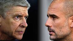 FILE PHOTO (EDITORS NOTE: GRADIENT ADDED - COMPOSITE OF TWO IMAGES - Image numbers (L) 502540908 and 612040098) In this composite image a comparision has been made between Arsene Wenger, Manager of Arsenal and Josep Guardiola, Manager of Manchester City. 