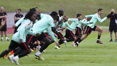 The Portuguese team with Cristiano Ronaldo leading the charge in training before their Euro 2016 Semi-Final showdown with Bale's Wales.