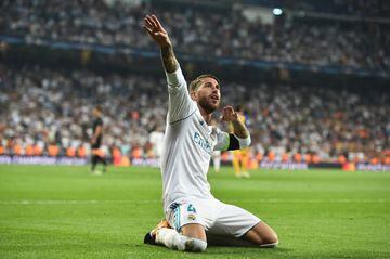Sergio Ramos of Real Madrid celebrates scoring his sides third goal during the UEFA Champions League group H match between Real Madrid and APOEL Nikosia at Estadio Santiago Bernabeu on September 13, 2017 in Madrid, Spain. 