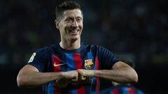 BARCELONA, SPAIN - OCTOBER 23: Robert Lewandowski of FC Barcelona celebrating a goal during spanish league, La Liga Santander, football match played between FC Barcelona and Athletic Club Bilbao at Spotify Camp Nou on October 23, 2022 in Barcelona, Spain. (Photo By Marc Graupera Aloma/Europa Press via Getty Images)