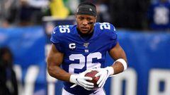 EAST RUTHERFORD, NEW JERSEY - DECEMBER 29: Saquon Barkley #26 of the New York Giants warms up prior to the game against the Philadelphia Eagles at MetLife Stadium on December 29, 2019 in East Rutherford, New Jersey. (Photo by Sarah Stier/Getty Images)