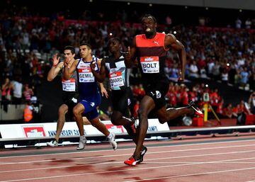 Bruno Hortelano, primero por la izquierda, corre en la misma prueba que Usain Bolt, primero por la derecha.
