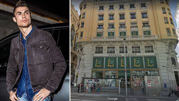 Im&aacute;genes de Cristiano Ronaldo promocionando su marca CR7 Jeans del edificio de Gran V&iacute;a donde va a abrir su hotel CR7 Pestana Madrid.  