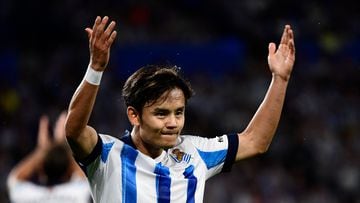 Real Sociedad's Japanese forward #14 Takefusa Kubo reacts during the UEFA Champions League 1st round day 1 group D football match between Real Sociedad and Inter Milan at the Reale Arena stadium in San Sebastian on September 20, 2023. (Photo by ANDER GILLENEA / AFP)