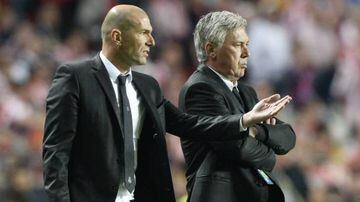 Zidane (left) with Ancelotti during his stint as assistant to the Italian at Real.