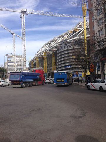 Work on Real Madrid's Santiago Bernabéu stadium, as seen from La Castellana, late February 2022.